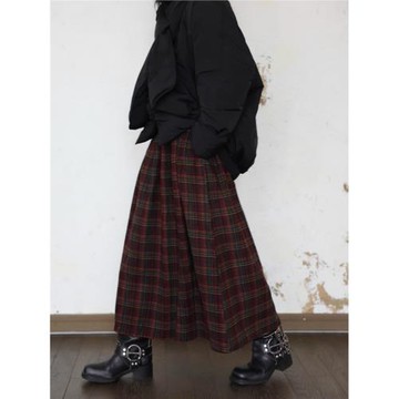 氛圍感紅格子半身裙女秋冬毛呢暗紅色格紋A字傘裙復古大擺中長裙