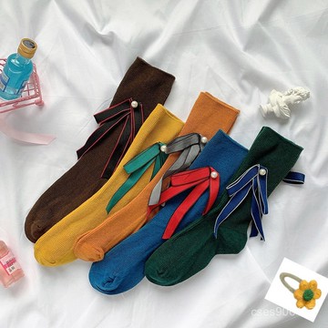 低價下殺🤩堆堆襪子女珍珠襪網紅蝴蝶結日係洛麗塔純色複古顯瘦顯白長筒襪子 JZVL
