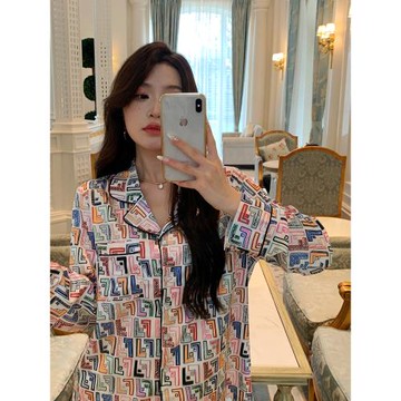 惡搞F高品質字母睡衣女春秋季長袖冰絲高級感家居服套裝可外穿