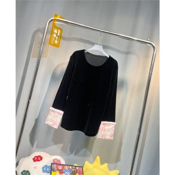 新中式國風圓領絲絨貢緞提花貂毛長袖短T恤衫女秋冬復古上衣內搭