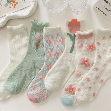 新款襪子女夏季卡絲郁金香小花襪子 網眼日系ins風潮透氣中筒襪棉
