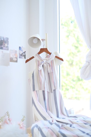 派對洋裝 綁帶設計 長洋裝 條紋亞麻布