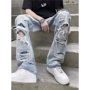 美式街頭破洞牛仔褲嘻哈直筒高街微喇做舊復古廢土設計感乞丐褲潮