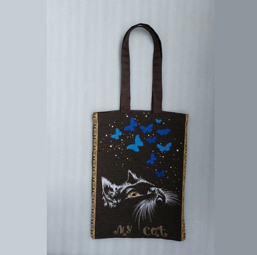 强力可重复使用的米色手提袋 环保 棉帆布袋与猫