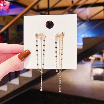 S925銀針韓版時尚超閃五角星鑲鋯石長款耳環女鏈條流蘇耳墜耳飾品