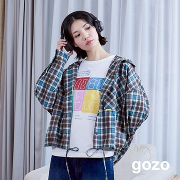 【gozo】純棉格紋抽繩連帽襯衫(深咖/深藍_F) | 女裝 襯衫領 百搭