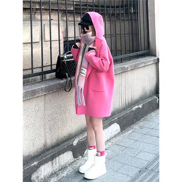粉色連帽雙面毛呢大衣女中長款秋冬新款韓版寬松小個子毛呢外套