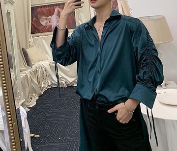 FINDSENSE 品牌 2019 春季 新款 寬鬆  潮流  個性 社會 男青年長袖 絲質 免燙 襯衫 復古 氣質