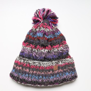 粉灰毛球雜線翻邊純羊毛線手工編織全襯防風毛帽|交換禮物|聖誕節