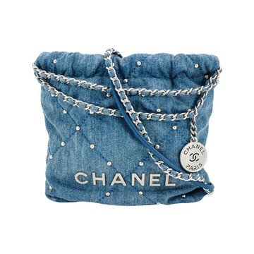 Chanel 香奈兒 22 mini 銀Logo縫線牛仔布珍珠斜背包(AS3980-牛仔藍)