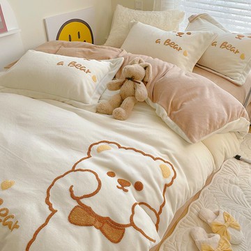 ins風可愛牛奶絨四件套加厚雙面珊瑚寶寶絨被套床單冬季床上用品4