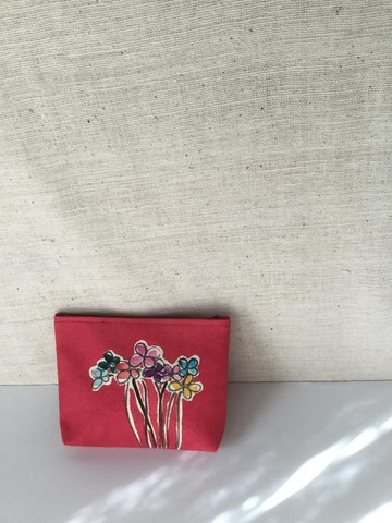 手繪染色化妝包 Flowers Red 花朵圖案 紅色 100% 純棉原色布料