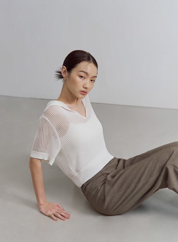 POLO領鏤空針織短袖上衣