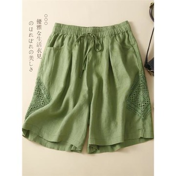 日韓外貿品牌剪標女裝棉麻短褲女薄款復古鉤花休閑褲亞麻闊腿褲子