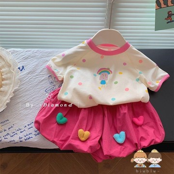 🎀biubiu童裝🎀女童夏款套裝2023新款女寶寶時尚圓點短袖兒童洋氣韓版短款兩件套