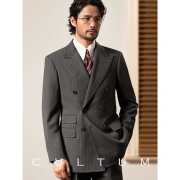 【半麻襯】CULTUM50羊毛英式條紋雙排扣戧駁領西服套裝男商務西裝