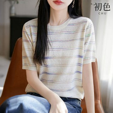 初色 薄款拼色條紋圓領短袖針織衫上衣女上衣-共4色-12448(M-3XL可選)