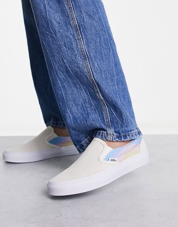 Vans classic slip on trainers in off white with multi side panels
