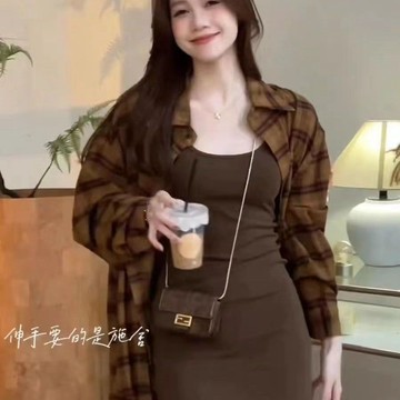 🎇夏季爆款🎇 吊帶裙小個子德色系格子襯衫襯衣+設計吊帶連衣裙裙子套裝法式