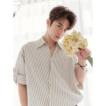 CHICERRO西西里男裝百搭條紋翻領短袖襯衫男斜門襟日系簡約寬松潮