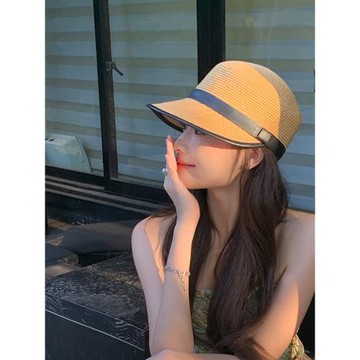 日系遮陽草帽女夏季法式優雅草編馬術帽出游防曬帽小眾時尚時裝帽
