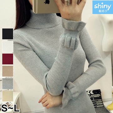 【V2261】shiny藍格子-甜美冬氛．顯瘦高領長袖針織上衣