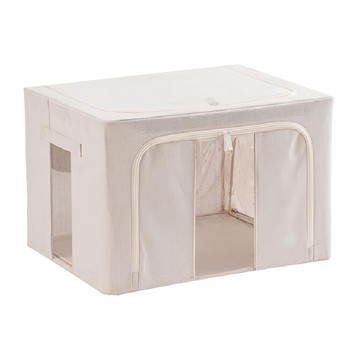 HOOM 支架棉麻收納箱 雙拉鍊設計 內層PE防水膜 5mm噴塑鋼架  66L  米色  1個