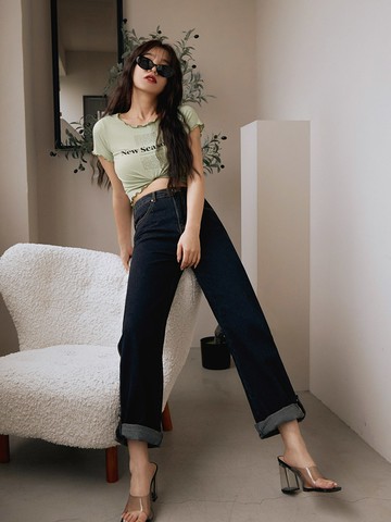 兩穿棉質丹寧直筒長褲