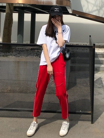 紅色運動褲女夏側邊條紋顯瘦哈倫褲子學生九分小腳衛褲寬松休閑褲1入