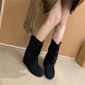 Miss Chen內增高褲管靴女2025秋冬新款度假繡花絨面西部靴短靴子
