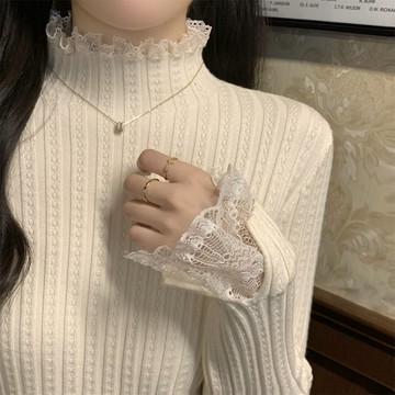 韓版氣質溫柔半高領蕾絲假兩件加厚內搭針織衫毛衣