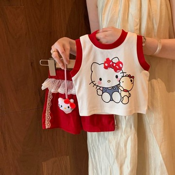 mori🎀mori女童夏季套裝可愛兒童新款超萌可愛貓寶寶背心短褲兩件套