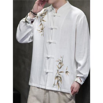 亞麻襯衫男長袖春秋中國風男裝古風盤扣青年中山裝新中式棉麻唐裝