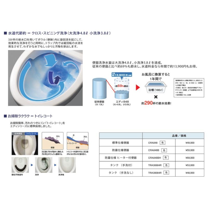 トイレ 超節水 床排水 200mm アサヒ衛陶 エディ848 便器：防露仕様