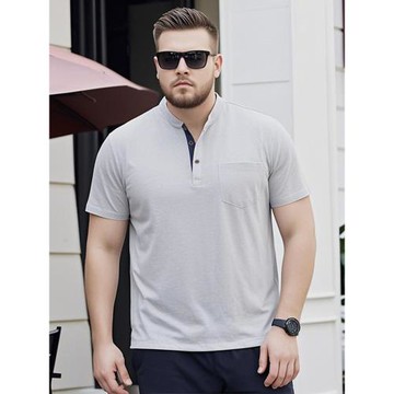 大碼夏潮胖男扣領純色短袖棉T恤口袋工裝加肥加大寬松肥佬汗半袖