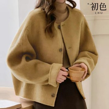 初色 小香風純色排釦長袖圓領毛呢大衣外套女外套-共3色-16618(M/L可選)