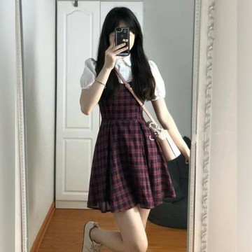 泡泡袖襯衫假兩件吊帶連衣裙女夏季2025年新款高腰顯瘦格子短裙子