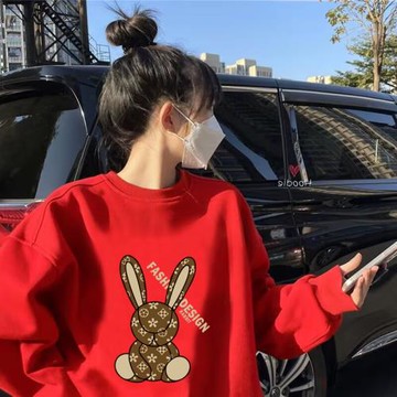 紅色衛衣女本命年衣服2026秋冬新款歐貨圓領無帽加絨寬松中長上衣