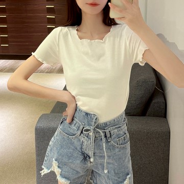 木耳邊圓領上衣【8809】Sandy33實拍春夏新款韓系INS休閒百搭氣質短袖上衣 短T 棉T 短袖T恤合身T