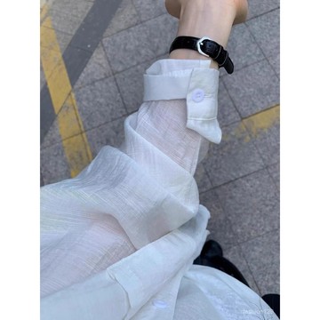 💛限時下殺💛韓係白色薄款防曬長袖 襯衫女 夏裝新款寬鬆 慵懶風襯衣 休閒外套上衣 雪紡紗透膚長袖罩衫 透膚襯衫 防曬襯衫