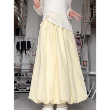 大碼胖mm法式氣質溫柔風黃色花苞半身裙女早秋高腰顯瘦a字長裙子