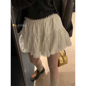芭蕾風蕾絲邊蛋糕裙bm白色半身短裙女春夏新款性感松緊高腰a字裙