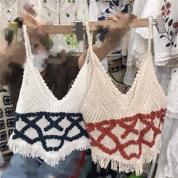 針織吊帶女2022新款復古設計感性感拼色鉤花鏤空流蘇外穿背心上衣