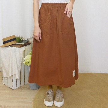Hana-Mokuba花木馬日系女裝鬆緊腰趣味造型口袋A字裙_咖啡/中綠