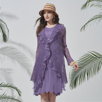 CLL巧玲瓏 花瓣荷葉領兩件式壓摺洋裝(紫色) 7195528