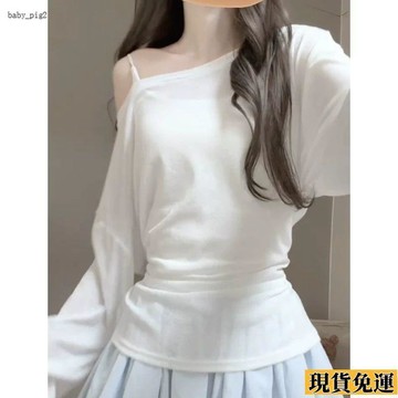 ✨桃園發出✨ 白色薄紗 防曬 罩衫女夏2026 新款 微透長袖T恤 寬鬆 純欲辣妹斜肩 上衣