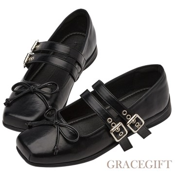 【Grace Gift】搖滾甜心蝴蝶結雙帶芭蕾舞瑪莉珍鞋 黑