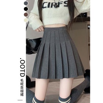 灰色百褶裙女秋冬高腰a字學院風JK短裙小個子毛呢半身裙2025新款