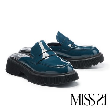 穆勒鞋 MISS 21 極簡個性牛漆皮鋸齒大頭厚底穆勒拖鞋－綠