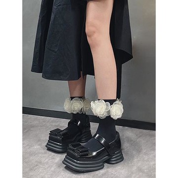 原創秋冬新款天鵝絨立體紗白色山茶花中筒襪日系純棉黑色堆堆襪子